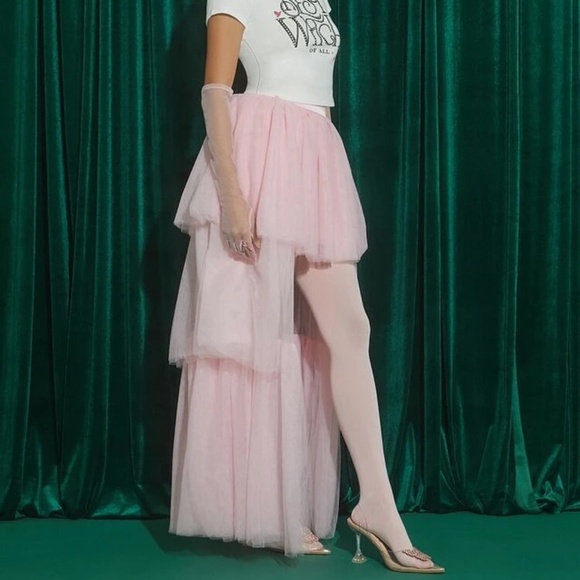 NWT Forever 21 x Wicked High Low Pink Mesh Tulle Tiered Long Skirt Size S - Picture 1 of 5